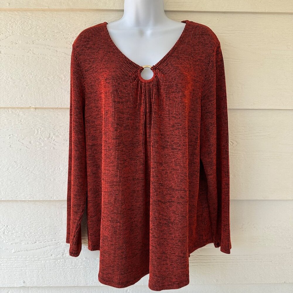 Ruby Rd Women’s Top Size Large Orange Black Ring V-Neck Flowy Tunic